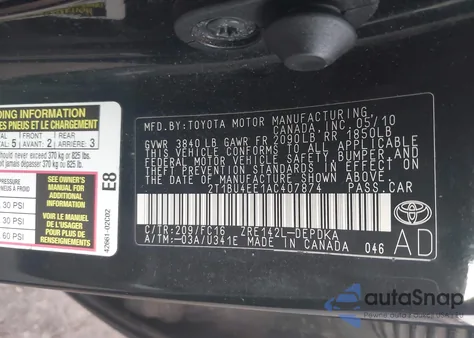 2010 Toyota Corolla Le z USA, uszkodzony, nr VIN 2T1BU4EE1AC407874